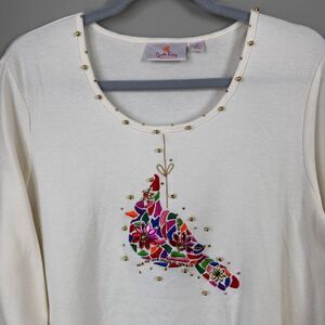 Quacker Factory Christmas T-Shirt Women XL Cream Cardinal Jewel Sparkle Festive